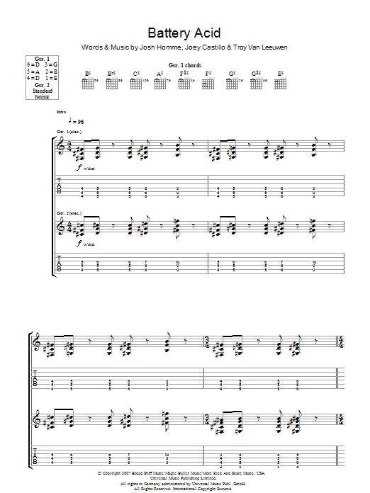 Queens Of The Stone Age Battery Acid sheet music notes and chords arranged for Guitar Tab