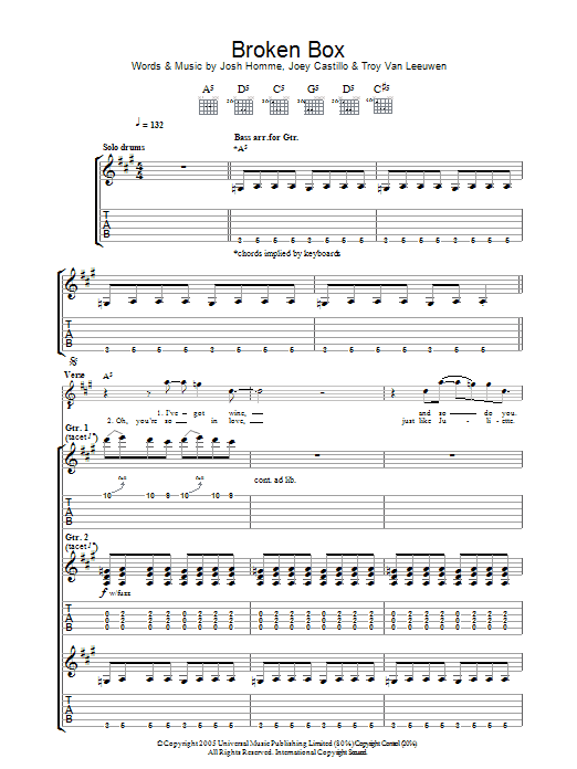 Queens Of The Stone Age Broken Box sheet music notes and chords arranged for Guitar Tab