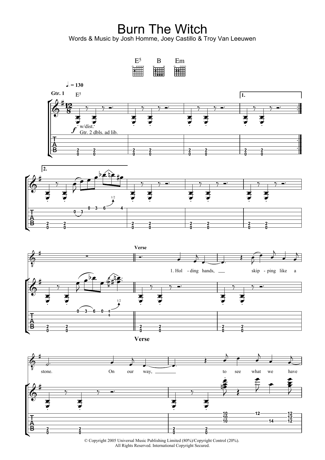 Queens Of The Stone Age Burn The Witch sheet music notes and chords arranged for Guitar Tab
