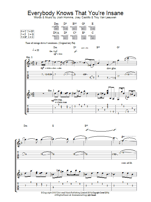 Queens Of The Stone Age Everybody Knows That You Are Insane sheet music notes and chords arranged for Guitar Tab