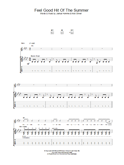 Queens Of The Stone Age Feel Good Hit Of The Summer sheet music notes and chords arranged for Guitar Chords/Lyrics