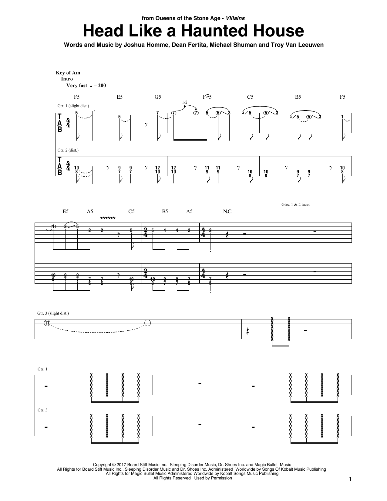 Queens Of The Stone Age Head Like A Haunted House sheet music notes and chords arranged for Guitar Rhythm Tab