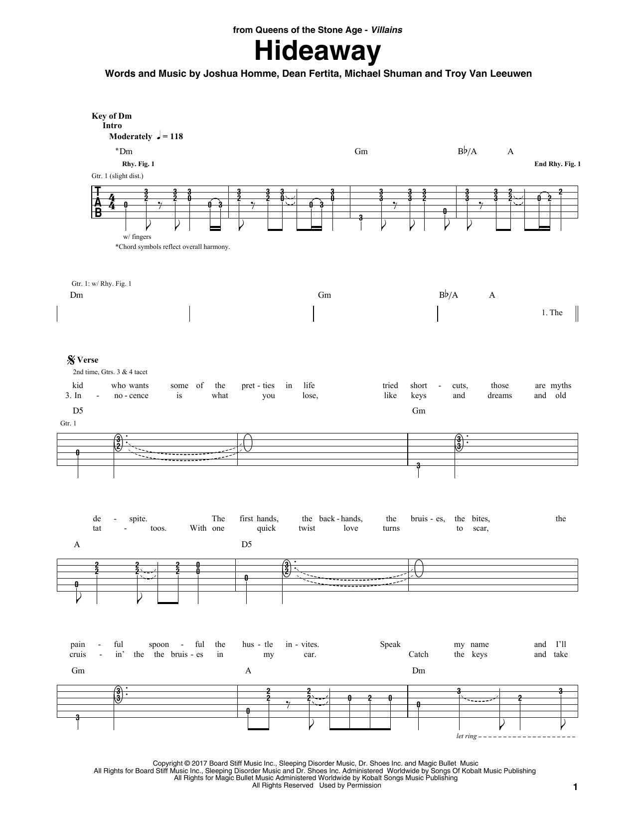 Queens Of The Stone Age Hideaway sheet music notes and chords arranged for Guitar Rhythm Tab