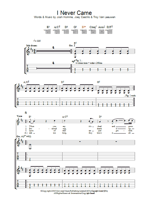 Queens Of The Stone Age I Never Came sheet music notes and chords arranged for Guitar Tab