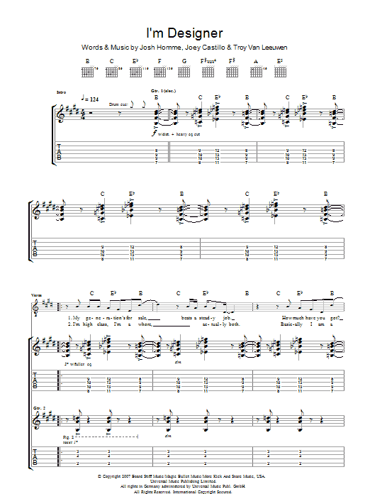 Queens Of The Stone Age I'm Designer sheet music notes and chords arranged for Guitar Tab