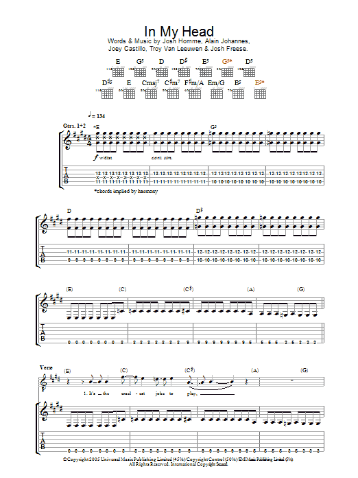 Queens Of The Stone Age In My Head sheet music notes and chords arranged for Guitar Tab