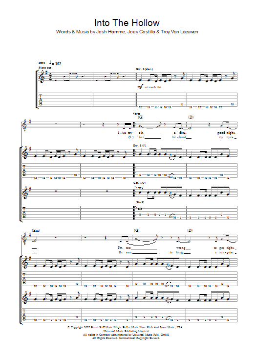 Queens Of The Stone Age Into The Hollow sheet music notes and chords arranged for Guitar Tab