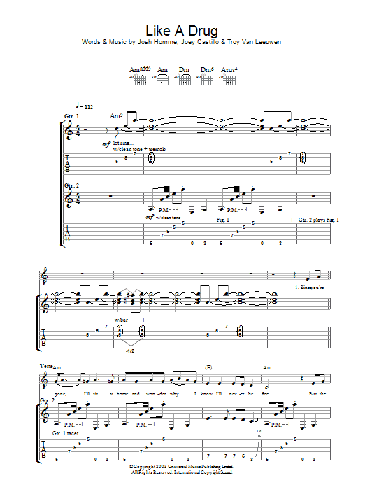 Queens Of The Stone Age Like A Drug sheet music notes and chords arranged for Guitar Tab