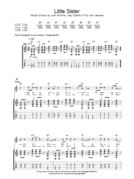 Queens Of The Stone Age Little Sister sheet music notes and chords arranged for Piano, Vocal & Guitar Chords