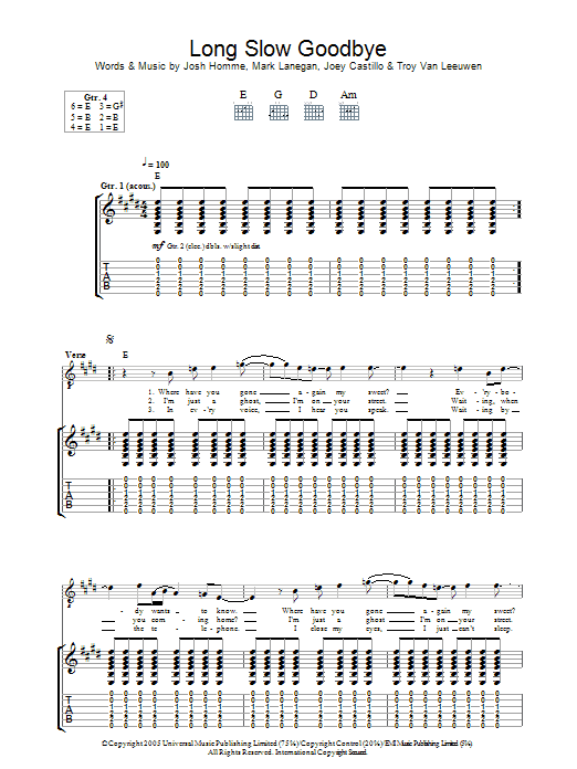 Queens Of The Stone Age Long Slow Goodbye sheet music notes and chords arranged for Guitar Tab