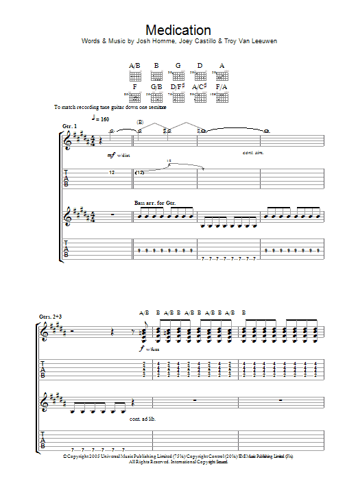 Queens Of The Stone Age Medication sheet music notes and chords arranged for Guitar Tab