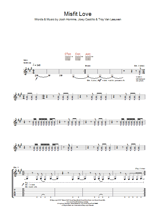 Queens Of The Stone Age Misfit Love sheet music notes and chords arranged for Guitar Tab