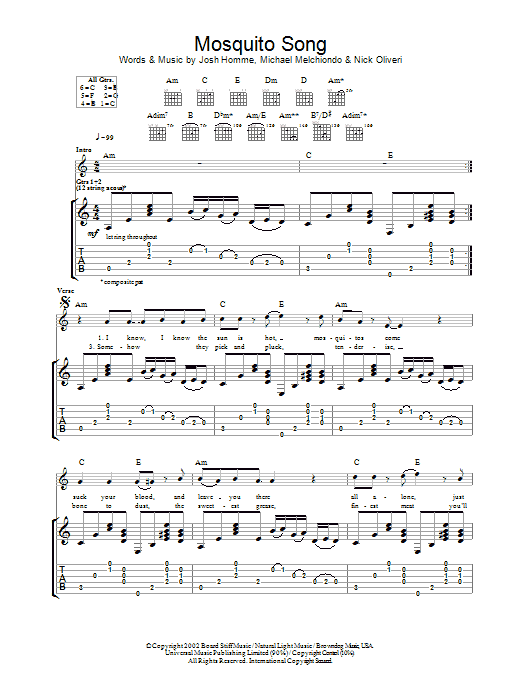 Queens Of The Stone Age Mosquito Song sheet music notes and chords arranged for Guitar Tab