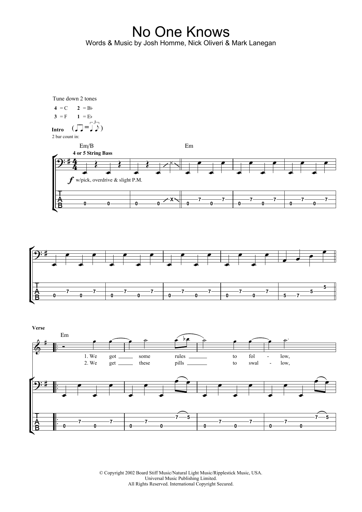 Queens Of The Stone Age No One Knows sheet music notes and chords arranged for Guitar Chords/Lyrics