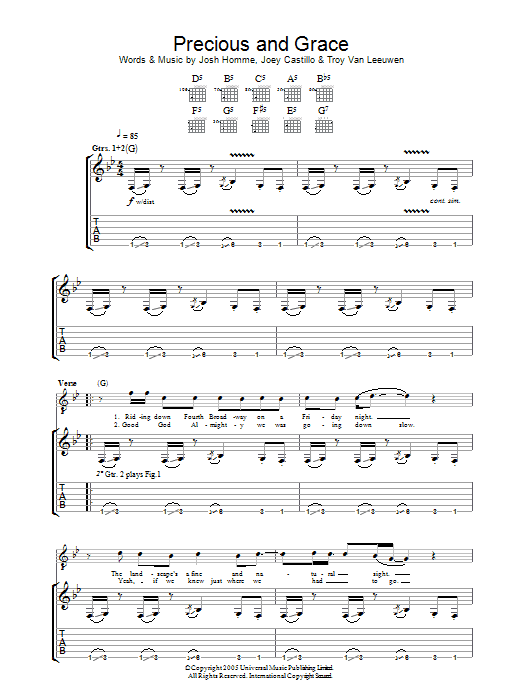 Queens Of The Stone Age Precious And Grace sheet music notes and chords arranged for Guitar Tab