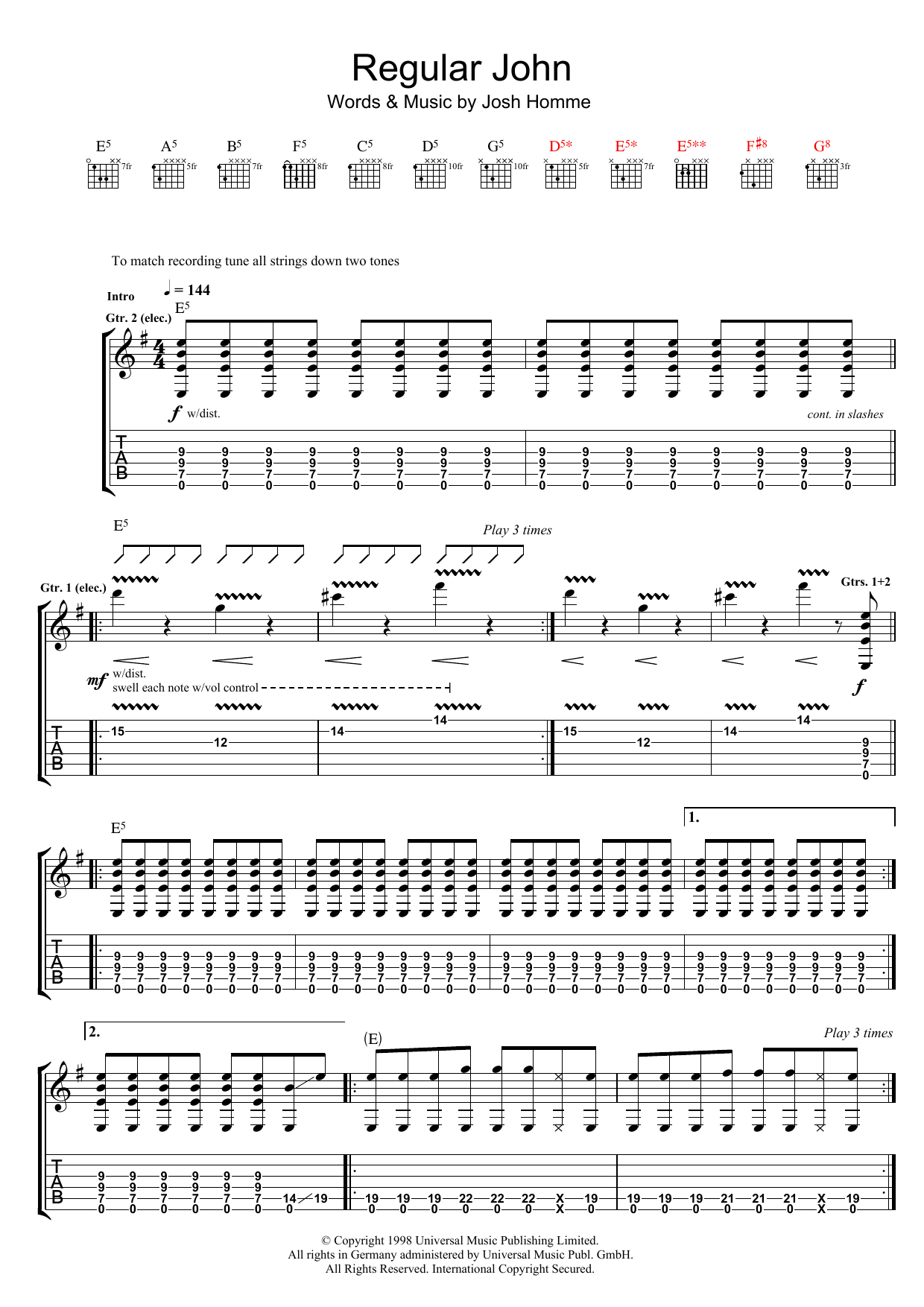 Queens Of The Stone Age Regular John sheet music notes and chords arranged for Guitar Tab