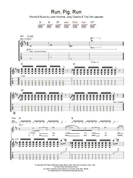 Queens Of The Stone Age Run Pig Run sheet music notes and chords arranged for Guitar Tab