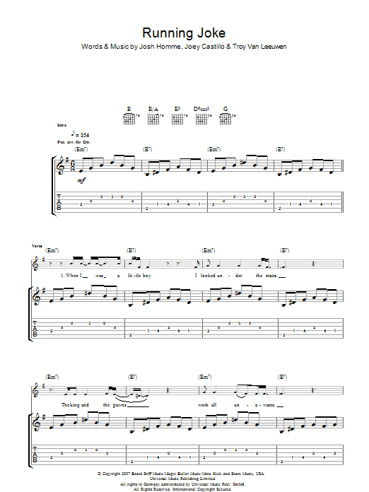 Queens Of The Stone Age Running Joke sheet music notes and chords arranged for Guitar Tab
