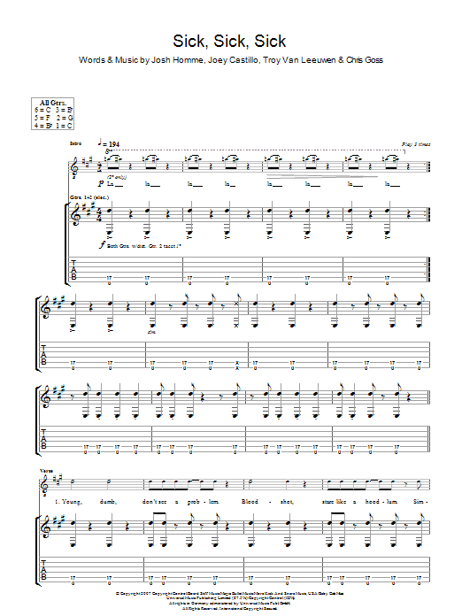Queens Of The Stone Age Sick, Sick, Sick sheet music notes and chords arranged for Guitar Tab