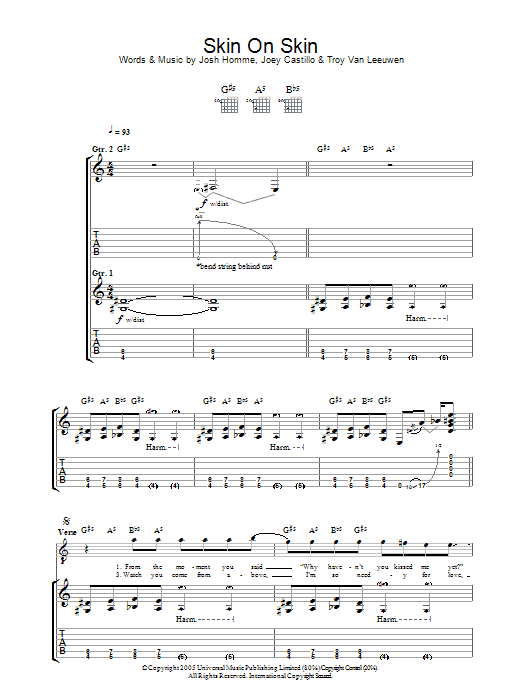 Queens Of The Stone Age Skin On Skin sheet music notes and chords arranged for Guitar Tab