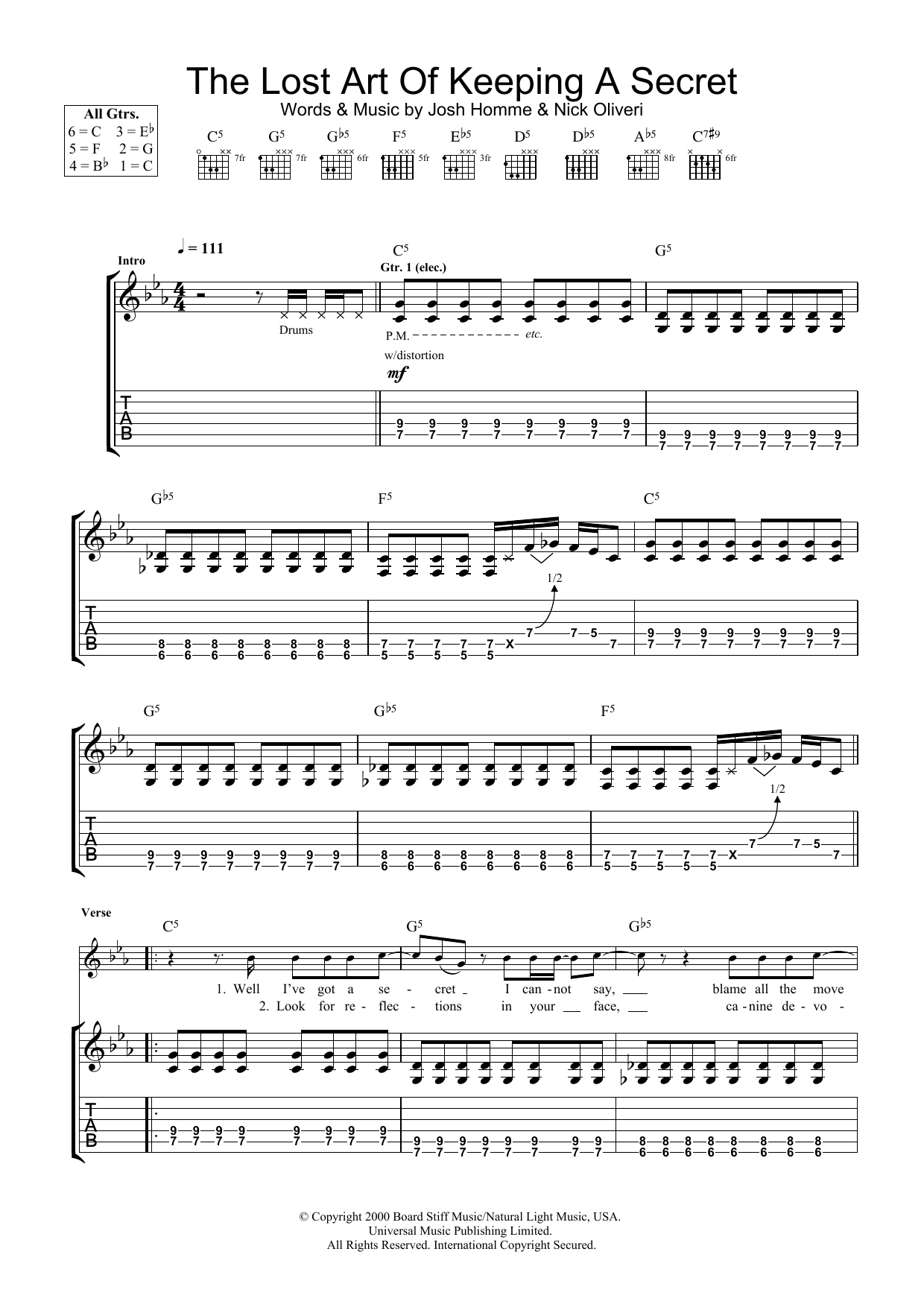 Queens Of The Stone Age The Lost Art Of Keeping A Secret sheet music notes and chords arranged for Guitar Chords/Lyrics