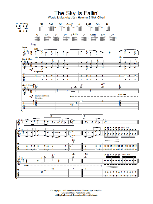 Queens Of The Stone Age The Sky Is Fallin' sheet music notes and chords arranged for Guitar Tab