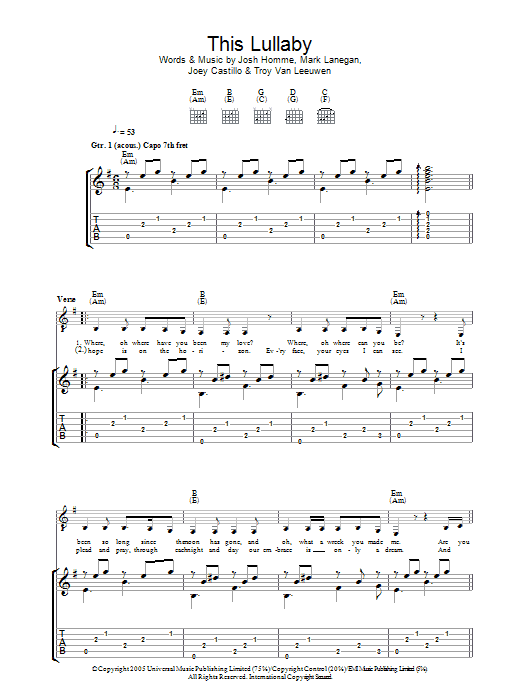 Queens Of The Stone Age This Lullaby sheet music notes and chords arranged for Guitar Tab
