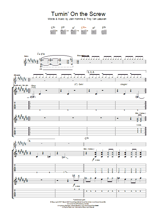 Queens Of The Stone Age Turnin' On The Screw sheet music notes and chords arranged for Guitar Tab