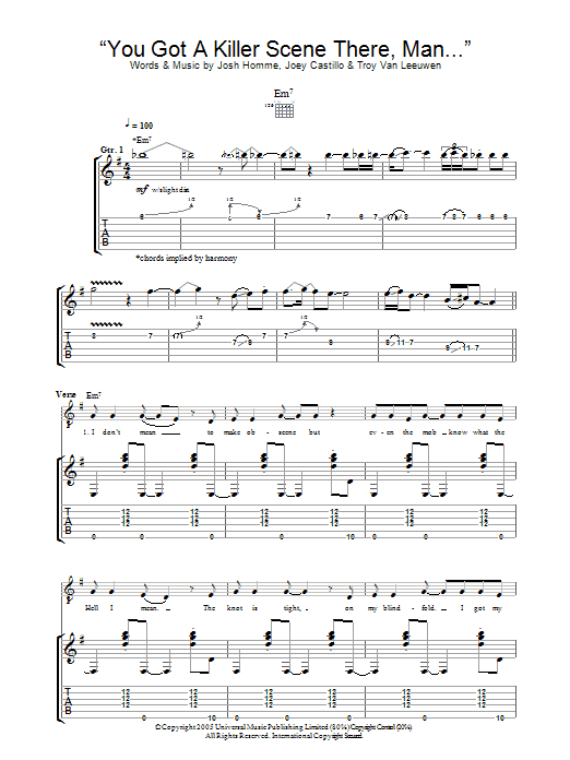 Queens Of The Stone Age You Got A Killer Scene There, Man sheet music notes and chords arranged for Guitar Tab