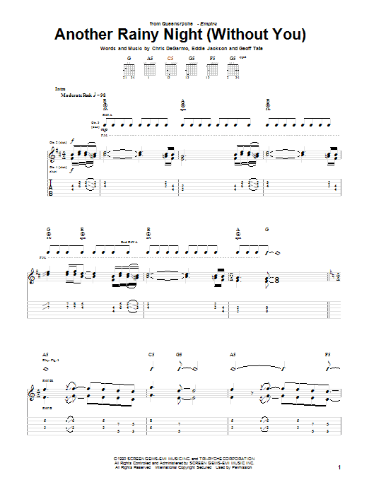 Queensryche Another Rainy Night (Without You) sheet music notes and chords arranged for Guitar Tab
