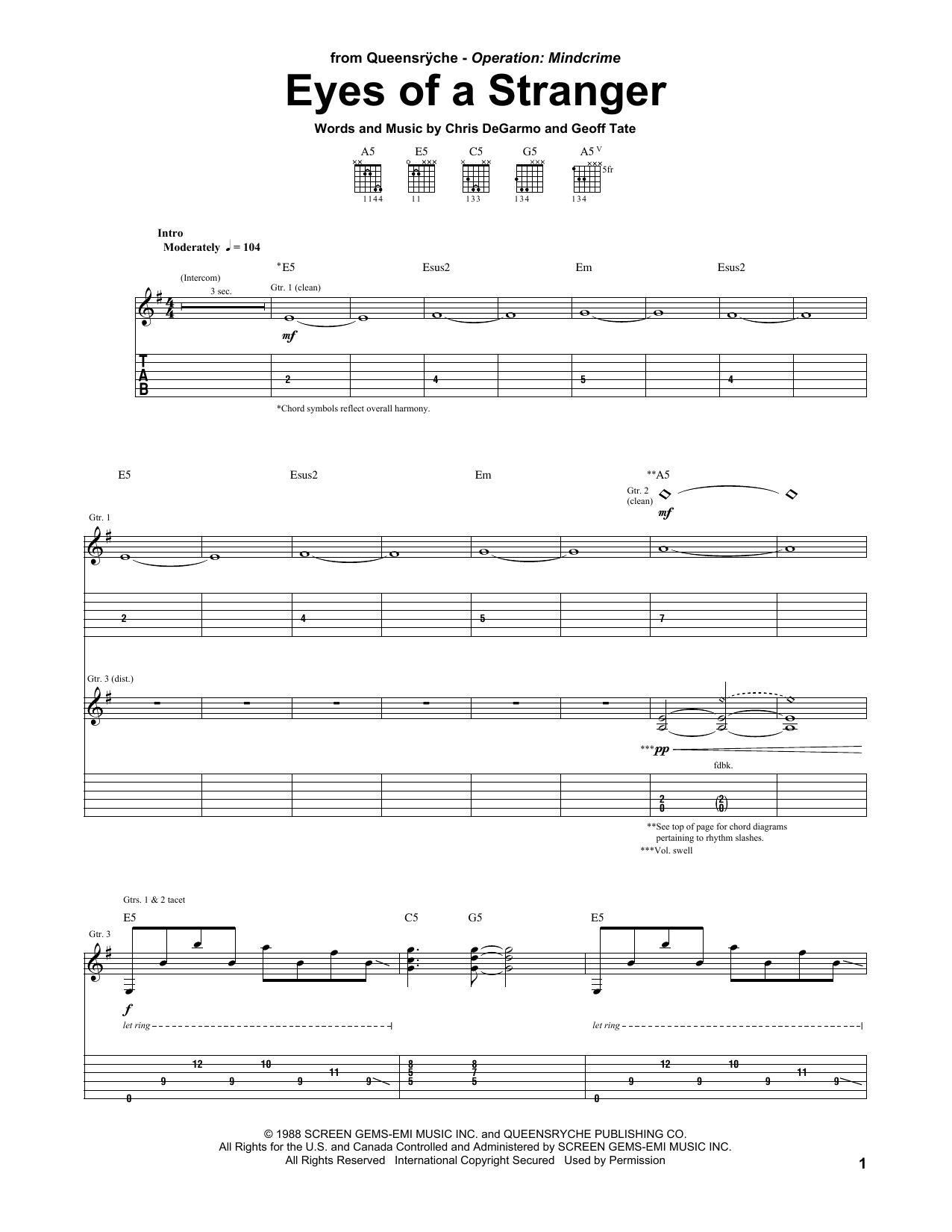 Queensryche Eyes Of A Stranger sheet music notes and chords arranged for Guitar Tab