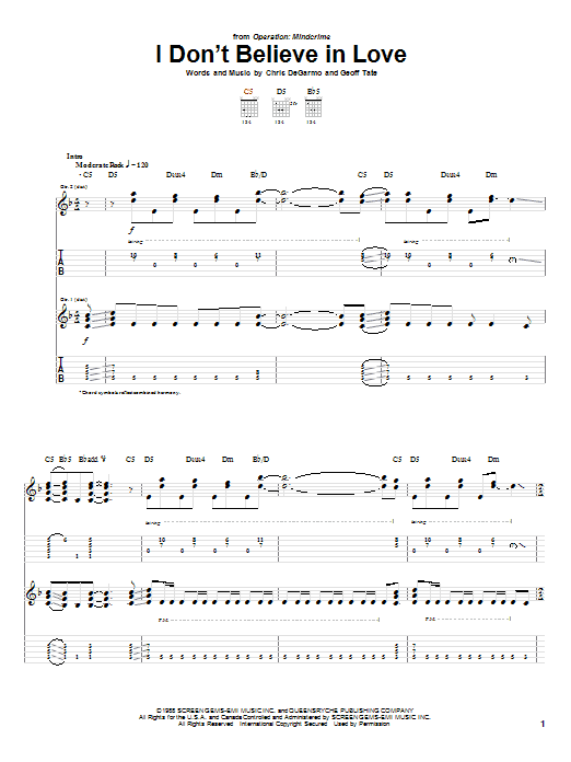 Queensryche I Don't Believe In Love sheet music notes and chords arranged for Guitar Tab