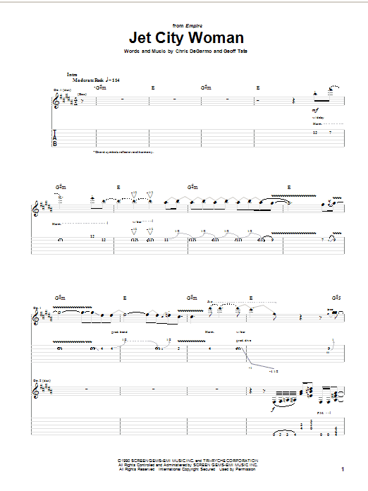 Queensryche Jet City Woman sheet music notes and chords arranged for Guitar Tab