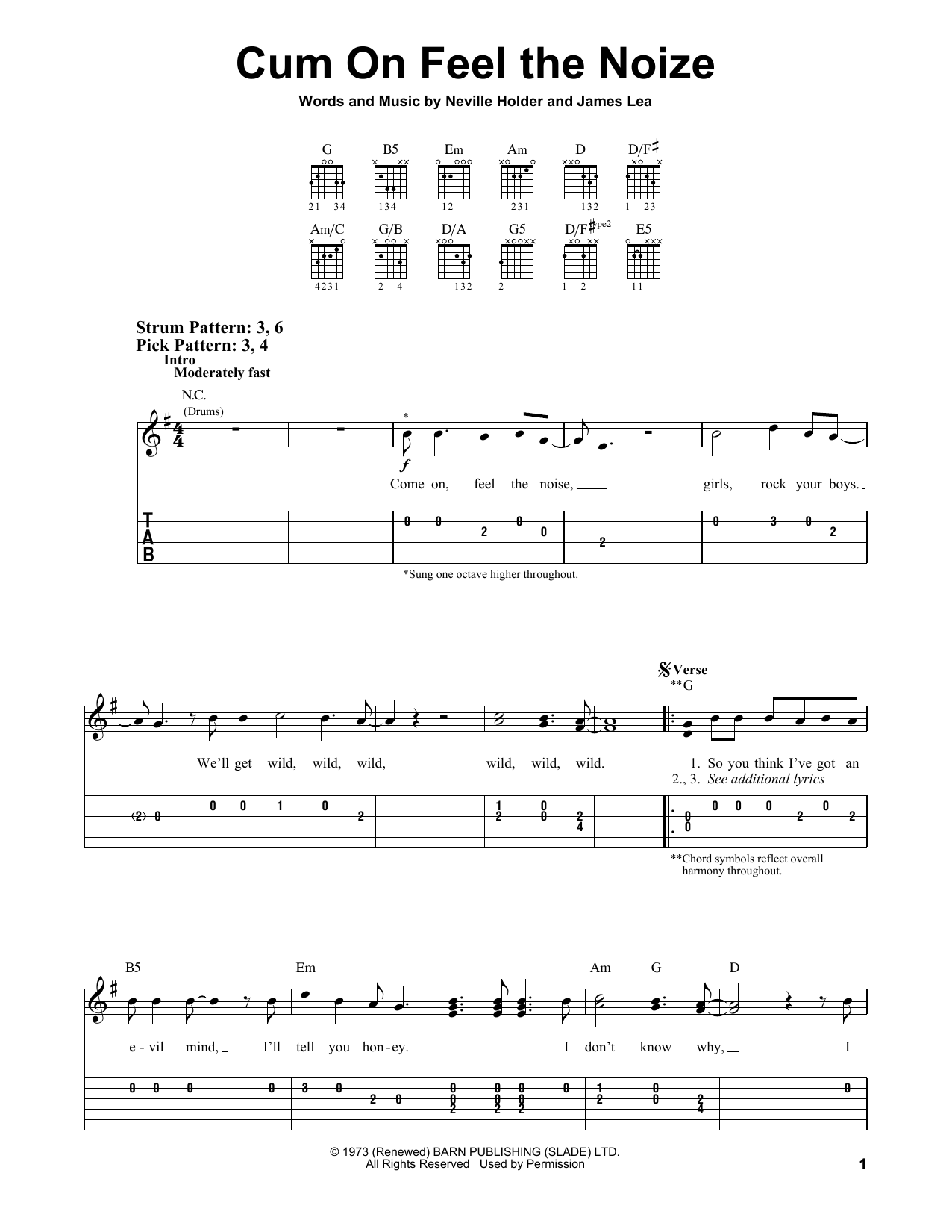 Quiet Riot Cum On Feel The Noize sheet music notes and chords arranged for Piano, Vocal & Guitar Chords (Right-Hand Melody)