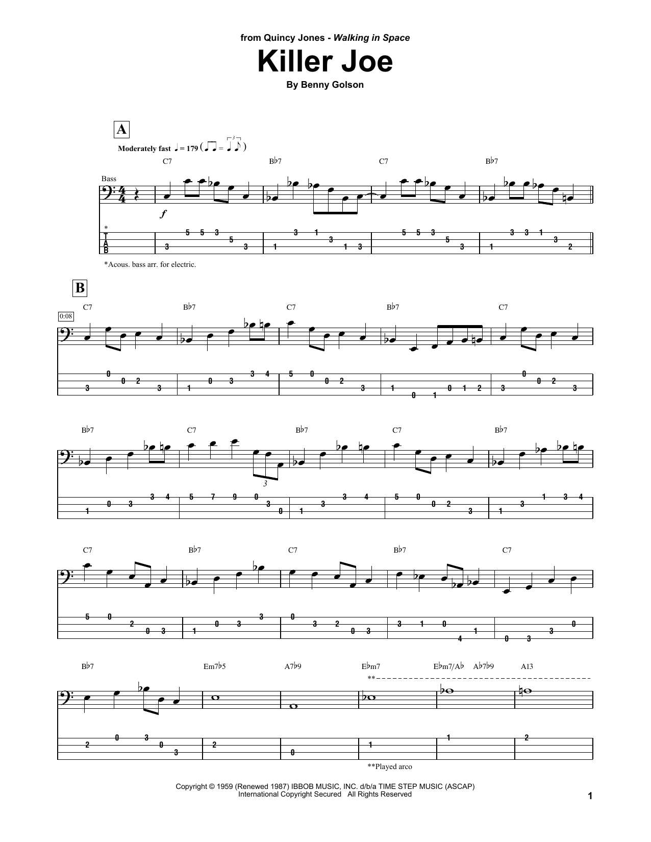Quincy Jones Killer Joe sheet music notes and chords arranged for String Bass Transcription
