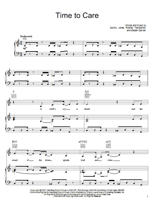 Quincy Jones Time To Care sheet music notes and chords arranged for Piano, Vocal & Guitar Chords (Right-Hand Melody)