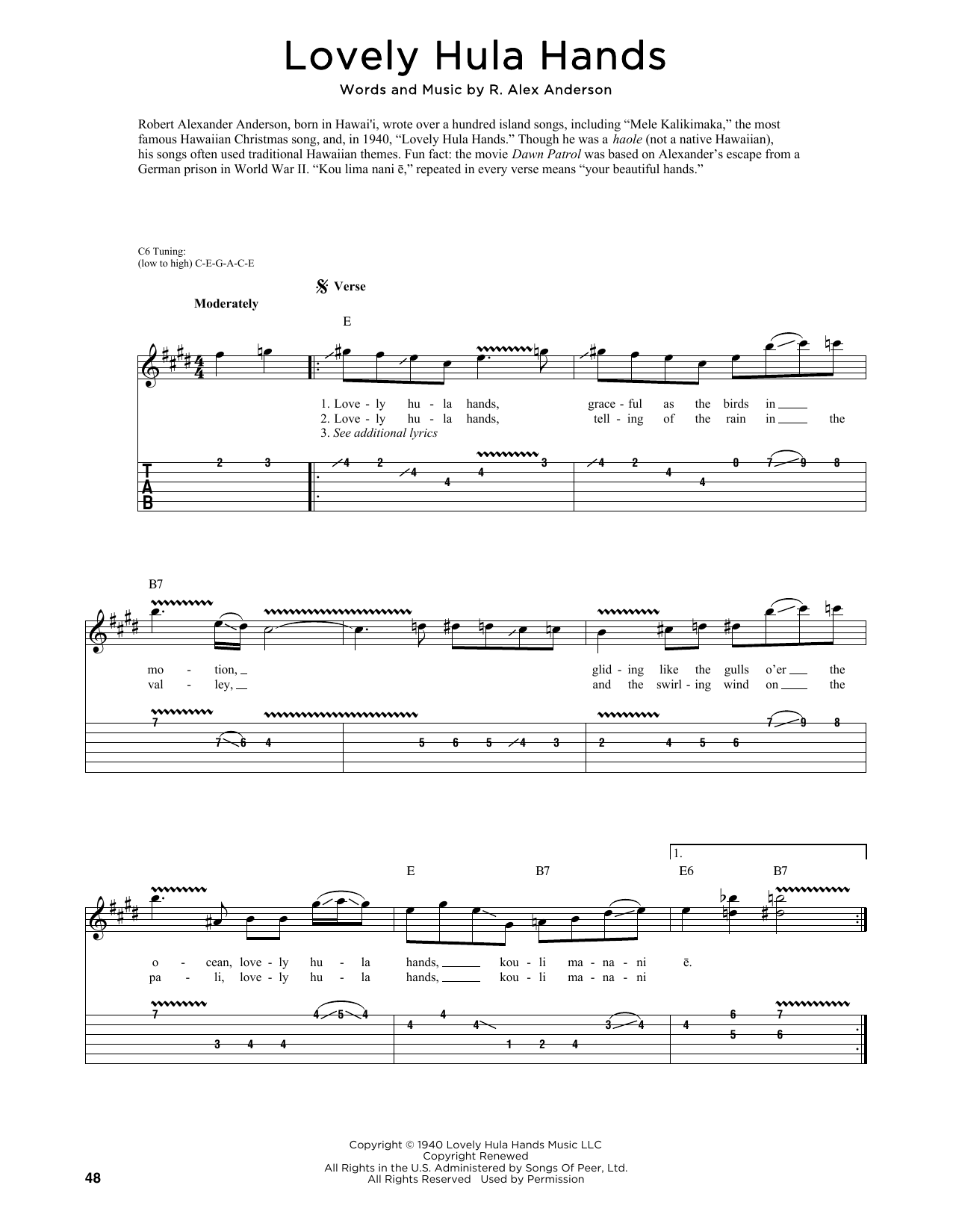 R. Alex Anderson Lovely Hula Hands (arr. Fred Sokolow) sheet music notes and chords arranged for Guitar Tab