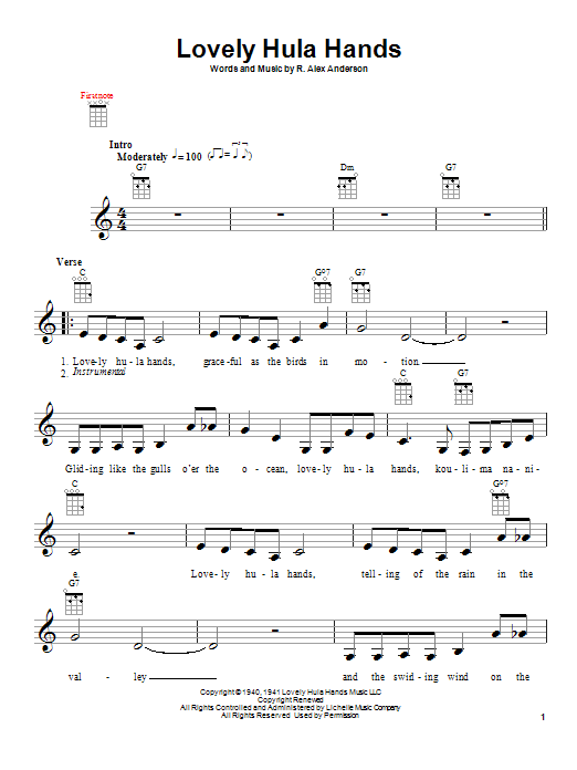 R. Alex Anderson Lovely Hula Hands sheet music notes and chords arranged for Piano, Vocal & Guitar Chords (Right-Hand Melody)