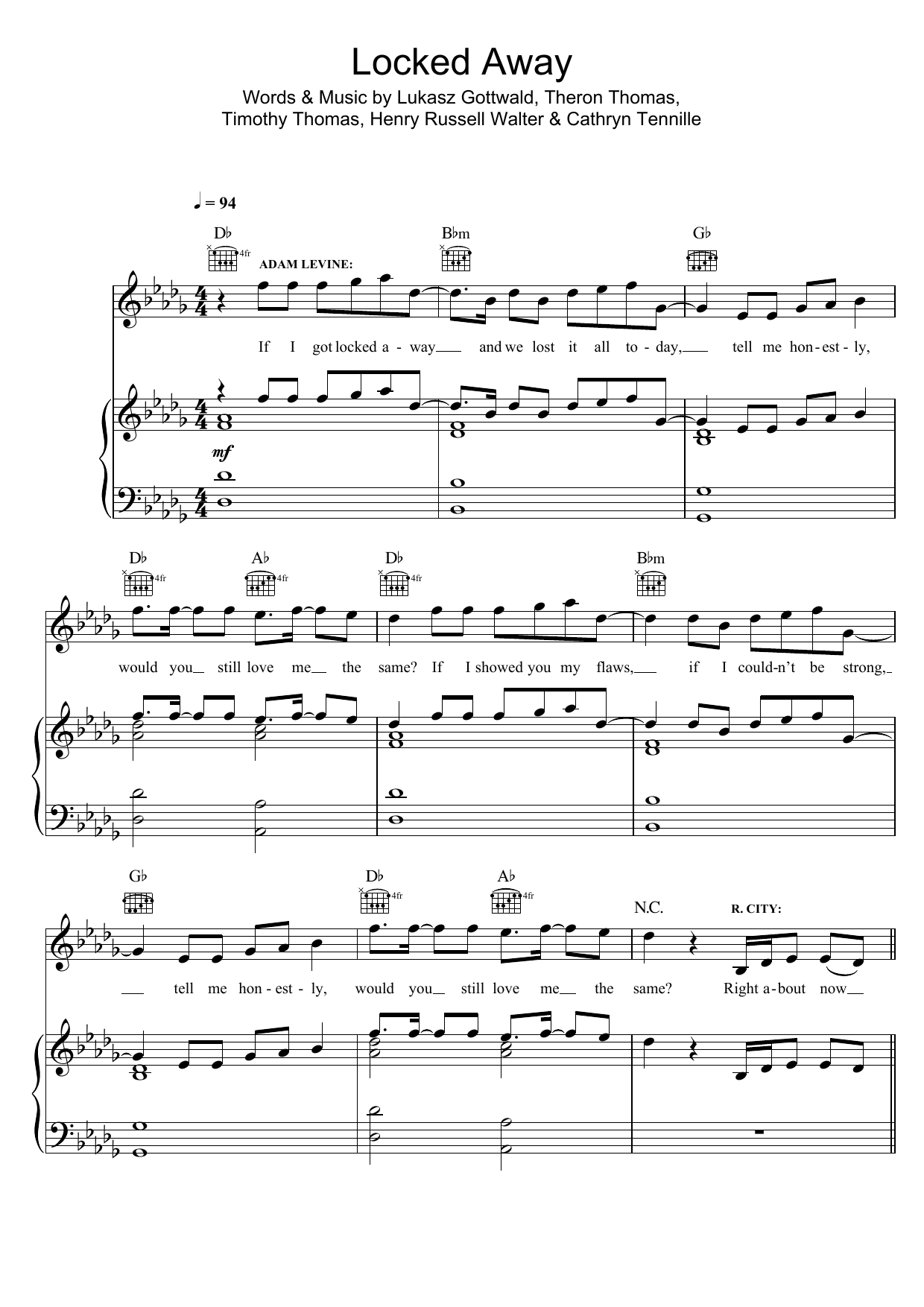 R. City Locked Away (featuring Adam Levine) sheet music notes and chords arranged for Piano, Vocal & Guitar Chords