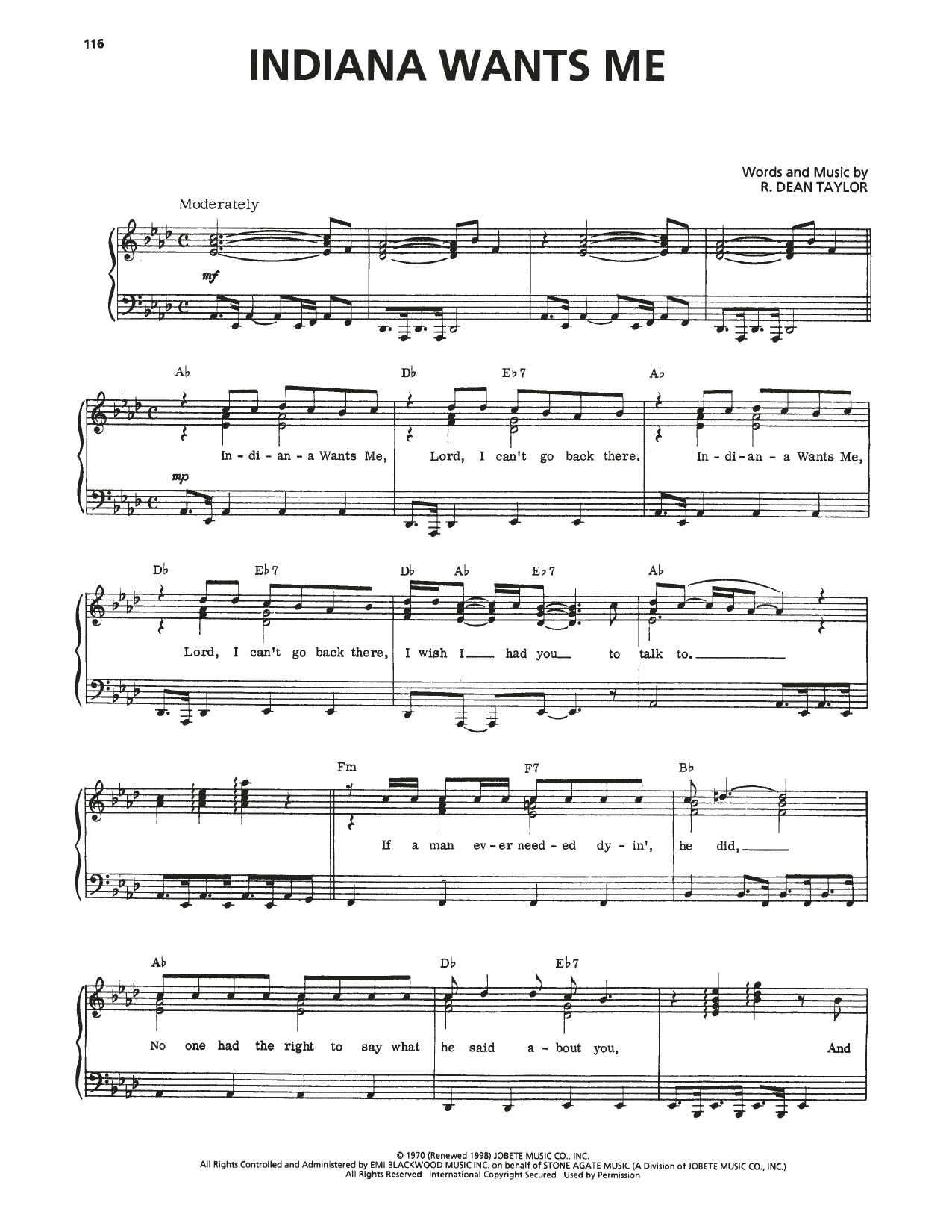 R. Dean Taylor Indiana Wants Me sheet music notes and chords arranged for Piano, Vocal & Guitar Chords (Right-Hand Melody)