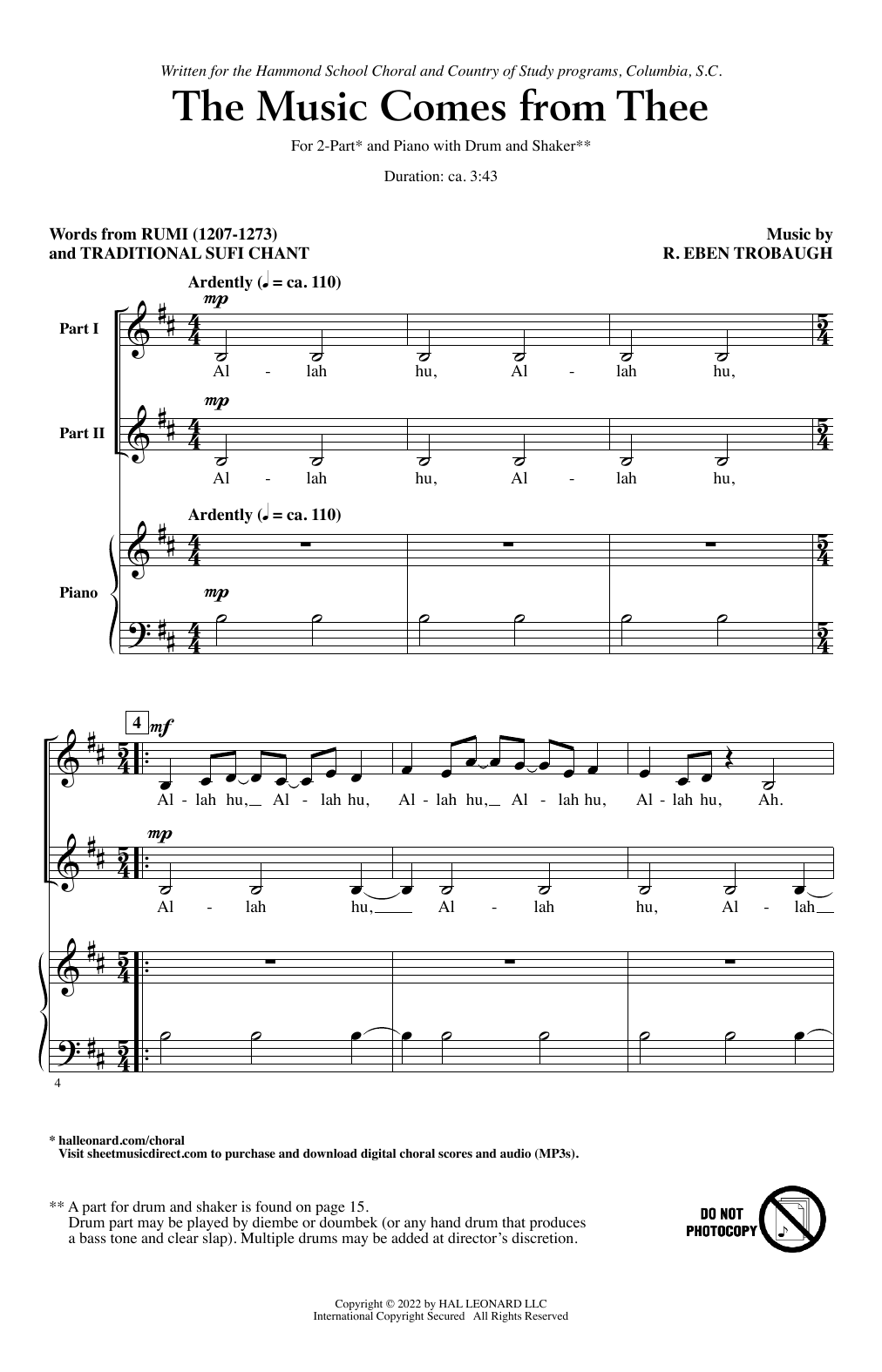 R. Eben Trobaugh The Music Comes From Thee sheet music notes and chords arranged for 2-Part Choir