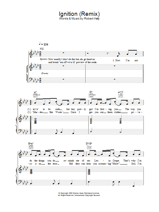 R Kelly Ignition (Remix) sheet music notes and chords arranged for Piano, Vocal & Guitar Chords