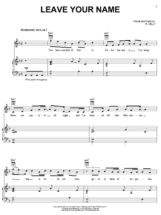 R Kelly Leave Your Name sheet music notes and chords arranged for Piano, Vocal & Guitar Chords (Right-Hand Melody)