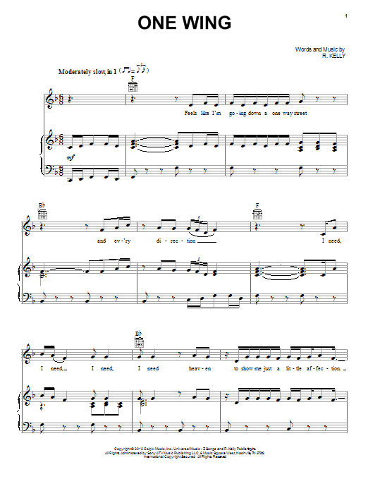 R. Kelly One Wing sheet music notes and chords arranged for Piano, Vocal & Guitar Chords (Right-Hand Melody)