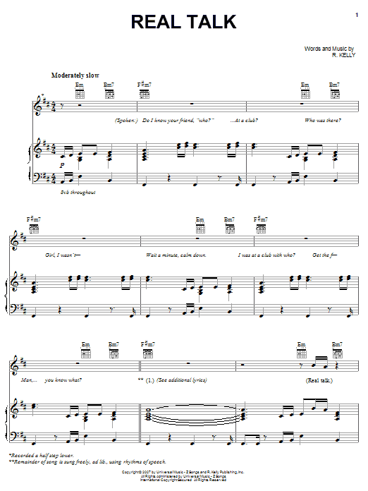 R Kelly Real Talk sheet music notes and chords arranged for Piano, Vocal & Guitar Chords (Right-Hand Melody)