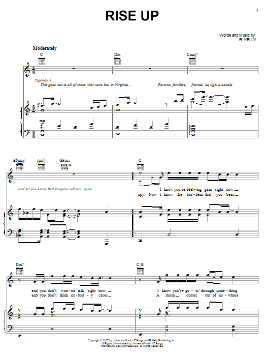 R Kelly Rise Up sheet music notes and chords arranged for Piano, Vocal & Guitar Chords (Right-Hand Melody)