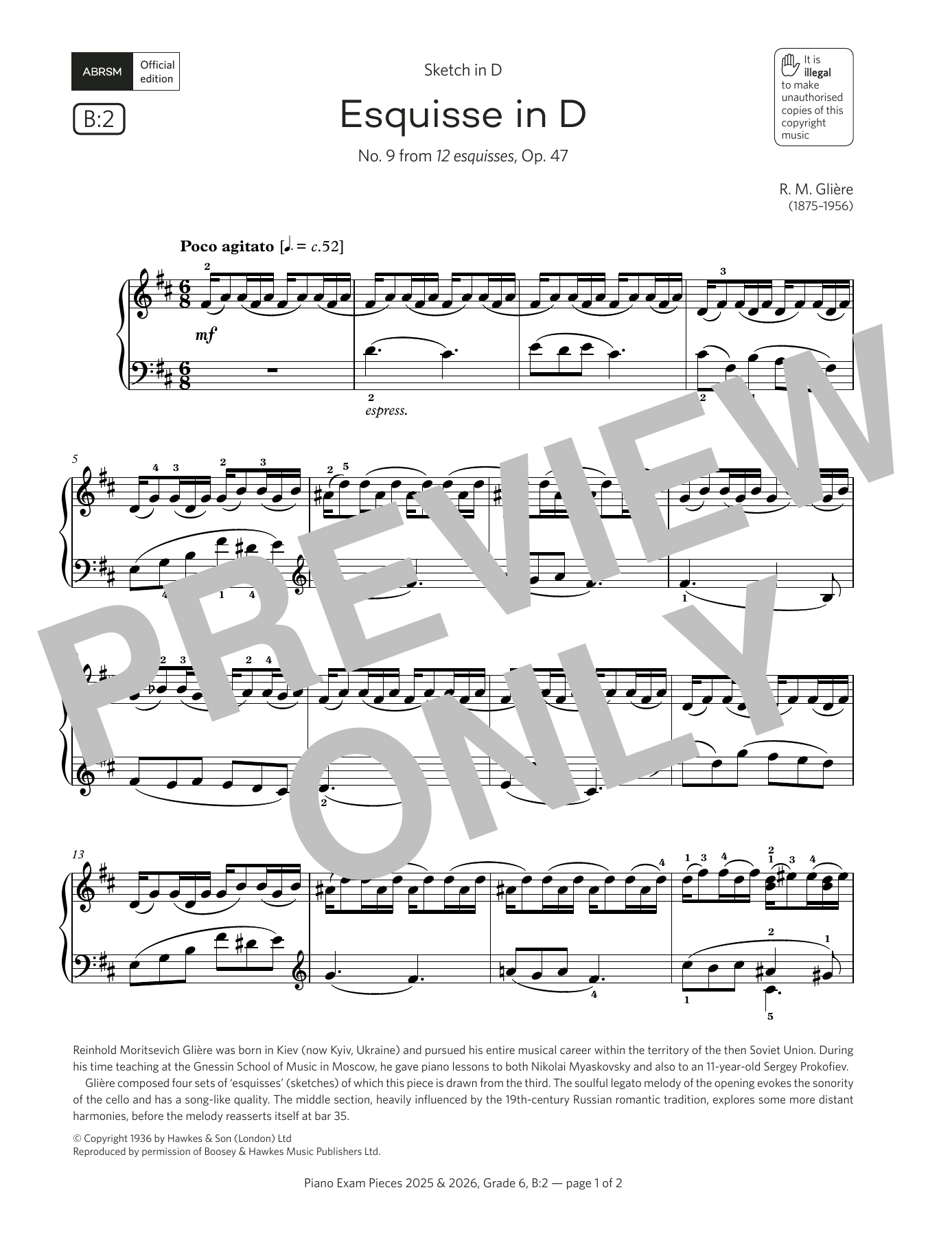 R. M. Glière Esquisse in D (Grade 6, list B2, from the ABRSM Piano Syllabus 2025 & 2026) sheet music notes and chords arranged for Piano Solo