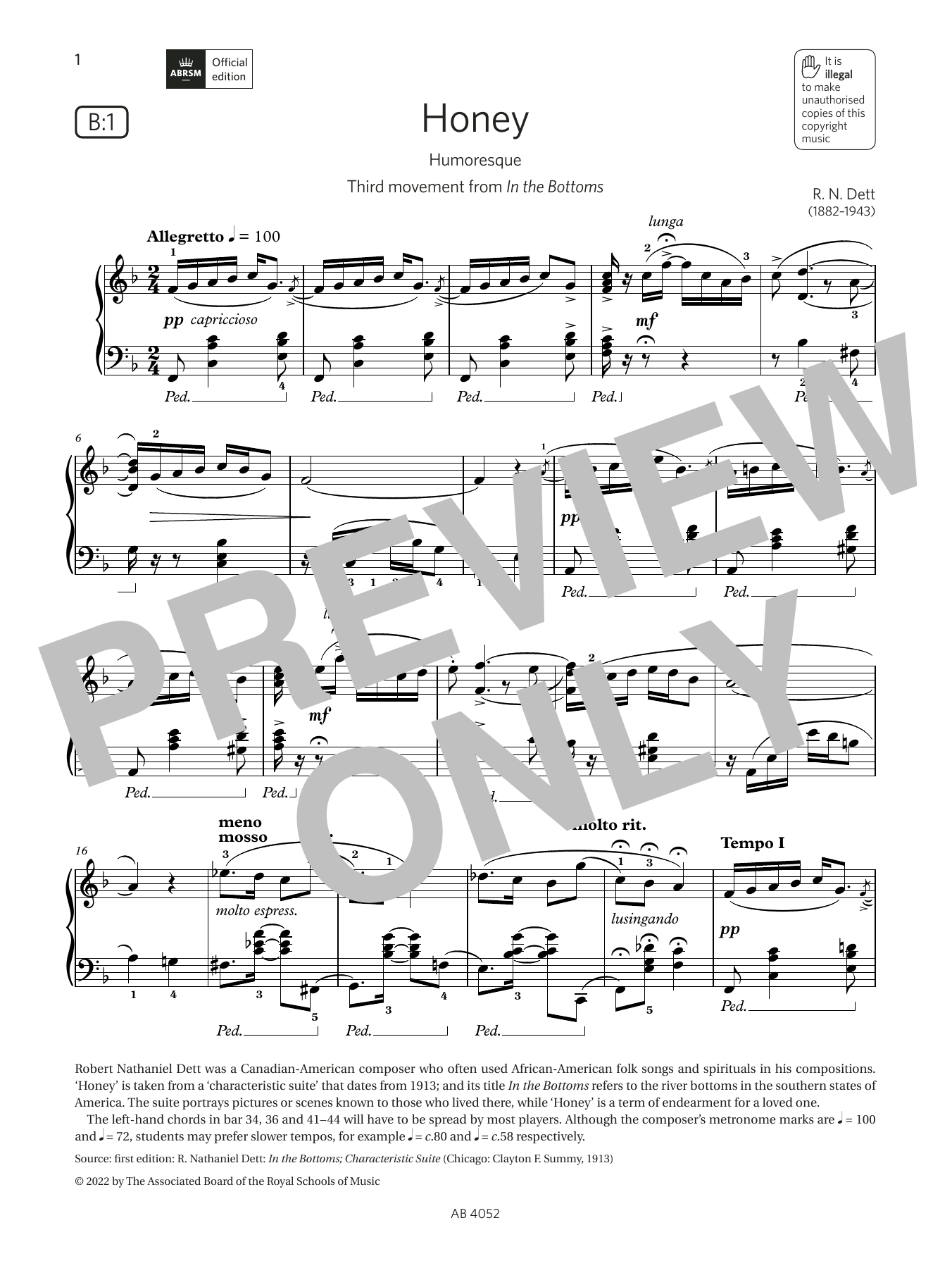 R N Dett Honey (Grade 6, list B1, from the ABRSM Piano Syllabus 2023 & 2024) sheet music notes and chords arranged for Piano Solo