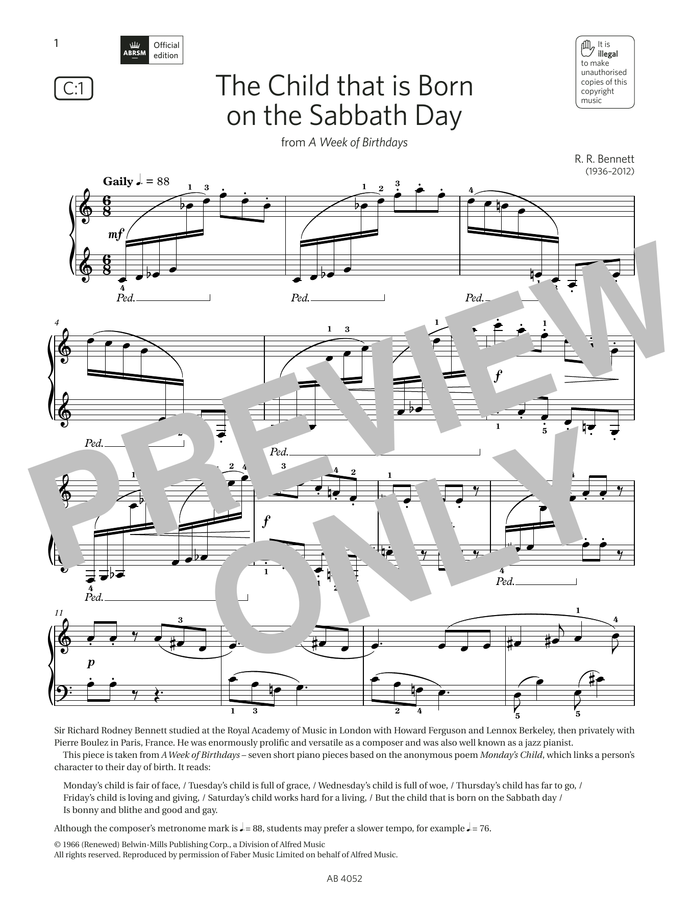 R R Bennett The Child that Is Born on the Sabbath Day (Grade 6, list C1, from ABRSM Piano Syllabus 2023 & 2024) sheet music notes and chords arranged for Piano Solo