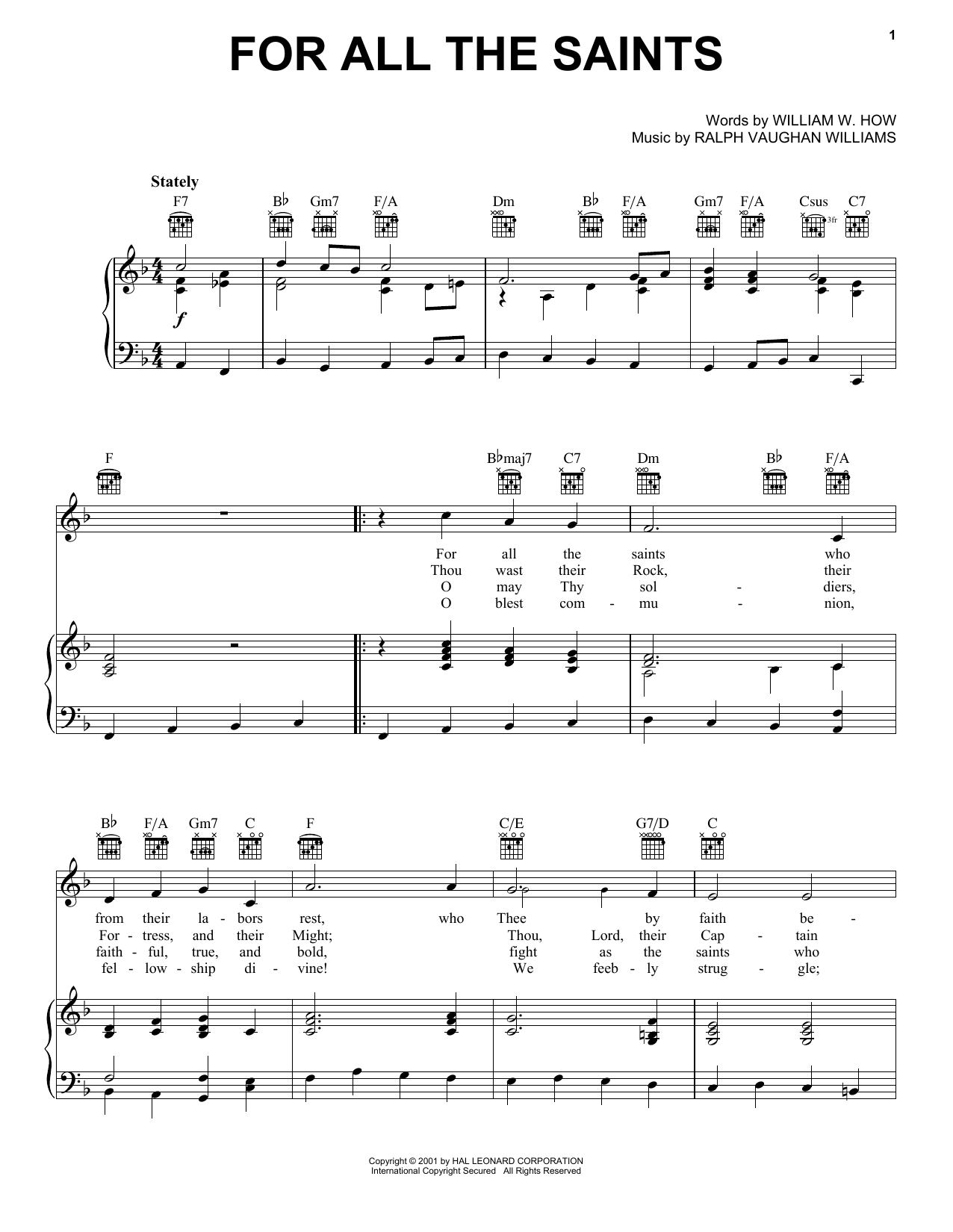R. Vaughan Williams For All The Saints sheet music notes and chords arranged for Piano, Vocal & Guitar Chords (Right-Hand Melody)